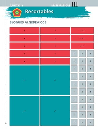 157
MATEMÁTICAS III
BLOqUeS ALgeBRAICOS
anexo 1
Recortables
1
x
x 2
x – 1
x 2
x 2
x 2
1
x – 1
x – 1
x
x
x
x
x
x
x
x
x
1
1 1 1
1 1 1
1 1 1
1 1 1
1 1 1
1 1 1
1 1 1
1 1 1
1 1 1
MAT3 B2 S13.indd 157 6/20/08 5:03:31 PM
 