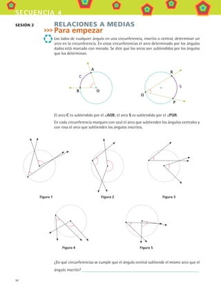 50
secuencia 4
RELACIONES A MEDIAS
Para empezar
Los lados de cualquier ángulo en una circunferencia, inscrito o central, determinan un
arco en la circunferencia. En estas circunferencias el arco determinado por los ángulos
dados está marcado con morado. Se dice que los arcos son subtendidos por los ángulos
que los determinan.
OB
C
A
Q
P
S
R
El arco C es subtendido por el AOB; el arco S es subtendido por el PQR.
En cada circunferencia marquen con azul el arco que subtienden los ángulos centrales y
con rosa el arco que subtienden los ángulos inscritos.
sesión 2
Figura 1 Figura 2 Figura 3
Figura 4 Figura 5
¿En qué circunferencias se cumple que el ángulo central subtiende el mismo arco que el
ángulo inscrito?
MAT3 B1 S04.indd 50 6/20/08 4:58:58 PM
 