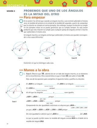 54
secuencia 4
sesión 3 probemos que uno de los Ángulos
es la mitad del otro
Para empezar
En la sesión 2 se afirmó que cuando un ángulo inscrito y uno central subienden el mismo
arco, la medida del primero es la mitad de la medida del segundo, a partir de comprobar
que la relación se cumplía en varios ejemplos. Sin embargo, aunque la relación se cumple
en los ejemplos vistos no se puede garantizar que se cumpla siempre. En esta sesión
probarás que esta relación se cumple para cualquier pareja de ángulos central e inscrito
que subtiendan el mismo arco.
Un ángulo inscrito y un ángulo central que subtienden el mismo arco pueden correspon-
der a tres casos diferentes:
OV B
A
O
U
C
D
O
W
E
F
Caso I Caso II Caso III
Comenten en qué se distingue cada caso.
Manos a la obra
I.	 Caso I. Observa que VB , además de ser un lado del ángulo inscrito, es un diámetro
de la circunferencia. Otra característica es que el lado OB está sobre el lado VB.
	 Elije una de las opciones para completar el siguiente texto y justifica tu elección.
El BOA es un ángulo . El BVA es un ángulo .
	 (central / inscrito)	 (central / inscrito)
El VOA es porque
	 (isósceles / equilátero)
de ahí que los ángulos y sean iguales.
AOV + BOA = porque
	 (90° / 180°)
AOV + OVA + VAO = porque
	 (180° / 360°)
Comparando las dos igualdades anteriores se observa que BOA =
	 (  AOV +  OVA /  OVA +  VAO)
ya que  AOV + BOA =  AOV + OVA + VAO porque .
	
De esta igualdad se obtiene que el BOA es del BVA.
	 (el doble / la mitad)
Lo que se puede escribir como: La medida del ángulo central BOA es el doble de la
medida del ángulo BVA.
OV B
A
Caso I
MAT3 B1 S04.indd 54 6/20/08 4:59:02 PM
 