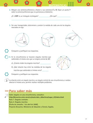 57
MATEMÁTICAS III
2.	 Dibujen una semicircunferencia y llamen a sus extremos C y D. Elijan un punto P
sobre la semicircunferencia que no pertenezca al diámetro.
	 ¿El CDP es un triángulo rectángulo? ¿Por qué?
3.	 Sin usar transportador, determinen y anoten la medida de cada uno de los ángulos
marcados en rojo.
60º
240º 30º
Comparen y justifiquen sus respuestas.
4.	 En la circunferencia se trazaron ángulos inscritos que
subtienden el mismo arco que un ángulo central de 50°.
a)	 ¿Cuánto miden los ángulos inscritos?
b)	 ¿Qué relación hay entre las medidas de los ángulos
inscritos que subtienden el mismo arco?
Comparen y justifiquen sus respuestas.
La relación entre un ángulo inscrito y un ángulo central de una circunferencia, si ambos
abarcan el mismo arco, permite resolver múltiples problemas.
Para saber más
Sobre ángulos en una circunferencia, consulten:
http://descartes.cnice.mecd.es/materiales_didacticos/capaz_d3/index.html
Ruta 1: Ángulos centrales
Ruta 2: Ángulos inscritos
[Fecha de consulta: 1 de abril de 2008].
Proyecto Descartes. Ministerio de Eduación y Ciencia. España.
MAT3 B1 S04.indd 57 6/20/08 4:59:04 PM
 