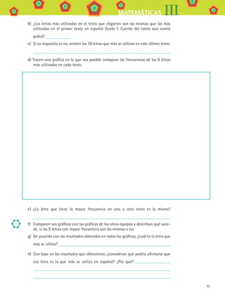 83
MATEMÁTICAS III
b)	 ¿Las letras más utilizadas en el texto que eligieron son las mismas que las más
utilizadas en el primer texto en español (texto I: Cuento del tonto que comió
pollo)?
c)	 Si su respuesta es no, anoten las 10 letras que más se utilizan en este último texto.
d) Tracen una gráfica en la que sea posible comparar las frecuencias de las 5 letras
más utilizadas en cada texto.
e)	 ¿La letra que tiene la mayor frecuencia en uno y otro texto es la misma?
f)	 Comparen sus gráficas con las gráficas de los otros equipos y describan qué suce-
de, si las 5 letras con mayor frecuencia son las mismas o no.
g)	 De acuerdo con los resultados obtenidos en todas las gráficas, ¿cuál es la letra que
más se utiliza?
h)	 Con base en los resultados que obtuvieron, ¿consideran que podría afirmarse que
esa letra es la que más se utiliza en español? ¿Por qué? 	
	
MAT3 B1 S07.indd 83 6/20/08 5:00:30 PM
 