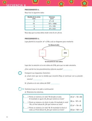 94
secuencia 8
PROCEDIMIENTO 2.
Rosa hizo la siguiente tabla:
Medida de la arista
(cm)
Volumen
(cm3
)
2 	 23 = 8
10 	 103 = 1000
5 	 53
= 125
8 	 83
= 512
Rosa dijo que la arista debía medir entre 5 cm y 8 cm.
PROCEDIMIENTO 3.
Lupe planteó la ecuación: x 3 = 216 y usó un diagrama para resolverla:
Se eleva al cubo
Se encuentra la raíz cúbica
216
Lupe dice la solución es la raíz cúbica de 216, pero que no sabe calcularla.
¿Con cuál de los tres procedimientos estás de acuerdo?
Comparen sus respuestas. Comenten:
a)	 ¿Cuál creen que sea la medida que encontró Rosa al continuar con su procedi-
miento?
b)	 ¿Cuánto es la raíz cúbica de 216?
II.	 Contesta lo que se te pide a continuación
a)	 Relaciona las columnas.
( )	 Pensé un número y le resté 19 elevado al cubo.
El resultado es igual a 8. ¿De qué número se trata?
( )	 Pensé un número y lo elevé al cubo. Al resultado le resté
19 y al final obtuve 8. ¿De qué número se trata?
( )	 Pensé un número y le resté 19. Al resultado lo elevé al
cubo y al final obtuve 8. ¿De qué número se trata?
(A) x 3
− 19 = 83
(B) x − 193 = 8
(C) x 3
− 19 = 8
(D) (x – 19)3 = 8
MAT3 B2 S08.indd 94 6/20/08 5:01:01 PM
 