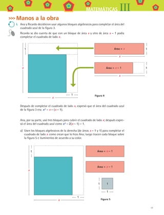 17
MATEMÁTICAS III
Manos a la obra
I.	 Ana y Ricardo decidieron usar algunos bloques algebraicos para completar el área del
cuadrado azul de la figura 3.
Ricardo se dio cuenta de que con un bloque de área x y otro de área x – 1 podía
completar el cuadrado de lado x .
Figura 4
x
x
1
1
x
1Área = x
x
1Área = x – 1
Después de completar el cuadrado de lado x, expresó que el área del cuadrado azul
de la figura 3 era: x 2
– x – (x – 1).
Ana, por su parte, usó tres bloques para cubrir el cuadrado de lado x; después expre-
só el área del cuadrado azul como x 2 – 2(x – 1) – 1.
a)	 Usen los bloques algebraicos de la derecha (de áreas x – 1 y 1) para completar el
cuadrado de lado x como crean que lo hizo Ana; luego tracen cada bloque sobre
la figura 5 e ilumínenlos de acuerdo a su color.
11
1
x
x
1
1 Área = x – 1
Área = x – 1
Figura 5
MAT3 B1 S01.indd 17 6/20/08 4:57:10 PM
 