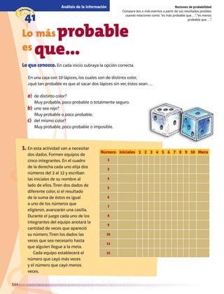 144
Nociones de probabilidad
Compara dos o más eventos a partir de sus resultados posibles
usando relaciones como: “es más probable que…”,“es menos
probable que…”.
Análisis de la información
g41
Lo  más probable
es que...
Lo que conozco. En cada inicio subraya la opción correcta.
En una caja con 10 lápices, los cuales son de distinto color,
¿qué tan probable es que al sacar dos lápices sin ver, éstos sean…
a)	 de distinto color?
Muy probable, poco probable o totalmente seguro.
b)	 uno sea rojo?
Muy probable o poco probable.
c)	 del mismo color?
Muy probable, poco probable o imposible.
1.	En esta actividad van a necesitar
dos dados. Formen equipos de
cinco integrantes. En el cuadro
de la derecha cada uno elija dos
números del 2 al 12 y escriban
las iniciales de su nombre al
lado de ellos.Tiren dos dados de
diferente color, si el resultado
de la suma de éstos es igual
a uno de los números que
eligieron, avanzarán una casilla.
Durante el juego cada uno de los
integrantes del equipo anotará la
cantidad de veces que apareció
su número.Tiren los dados las
veces que sea necesario hasta
que alguien llegue a la meta.
Cada equipo establecerá el
número que cayó más veces
y el número que cayó menos
veces.
Número Iniciales 1 2 3 4 5 6 7 8 9 10 Meta
2
3
4
5
6
7
8
9
10
11
12
AB-MATE-4-P-122-155.indd 144 24/11/11 16:11
 