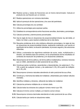 6.6. Realiza sumas y restas de fracciones con el mismo denominador. Calcula el
producto de una fracción por un número.
6.7. Realiza operaciones con números decimales.
6.8. Aplica la jerarquía de las operaciones y los usos del paréntesis.
6.9. Calcula porcentajes de una cantidad.
7.1. Utiliza los porcentajes para expresar partes.
7.2. Establece la correspondencia entre fracciones sencillas, decimales y porcentajes.
7.3. Calcula aumentos y disminuciones porcentuales.
7.4. Usa la regla de tres en situaciones de proporcionalidad directa: ley del doble, el
triple o la mitad, y para resolver problemas de la vida diaria.
7.5. Resuelve problemas de la vida cotidiana utilizando porcentajes y la regla de tres
en situaciones de proporcionalidad directa, explicando oralmente y por escrito el
significado de los datos, la situación planteada, el proceso seguido y las soluciones
obtenidas.
8.1. Utiliza y automatiza los algoritmos estándar de suma, resta, multiplicación y
división, con distintos tipos de números, en la comprobación de los resultados en
contextos de resolución de problemas y en situaciones cotidianas.
8.2. Descompone de forma aditiva y de forma aditivo-multiplicativa, números menores
que un millón, atendiendo al valor posicional de sus cifras.
8.3. Construye series numéricas, ascendentes y descendentes, de cadencias 2, 10 y
100, a partir de cualquier número, y de cadencias 5, 25 y 50 a partir de múltiplos
de 5, 25 y 50.
8.4. Descompone números naturales atendiendo al valor posicional de sus cifras.
8.5. Construye y memoriza las tablas de multiplicar, utilizándolas para realizar cálculos
mentales.
8.6. Identifica múltiplos y divisores, utilizando las tablas de multiplicar.
8.7. Calcula los primeros múltiplos de un número dado.
8.8. Calcula todos los divisores de cualquier número menor que 100.
8.9. Calcula el mínimo común múltiplo y el máximo común divisor.
8.10. Descompone números decimales atendiendo al valor posicional de sus cifras.
8.11. Calcula tantos por ciento en situaciones reales.
Material fotocopiable © 2015 Santillana Educación, S. L. Matemáticas 4 103
 