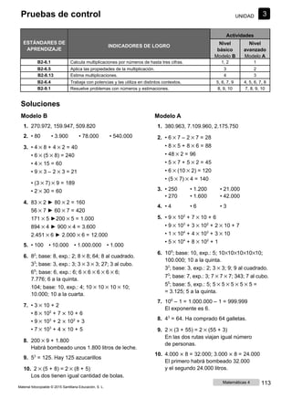Pruebas de control UNIDAD 3
ESTÁNDARES DE
APRENDIZAJE
INDICADORES DE LOGRO
Actividades
Nivel
básico
Modelo B
Nivel
avanzado
Modelo A
B2-6.1 Calcula multiplicaciones por números de hasta tres cifras. 1, 2 1
B2-6.5 Aplica las propiedades de la multiplicación. 3 2
B2-8.13 Estima multiplicaciones. 4 3
B2-6.4 Trabaja con potencias y las utiliza en distintos contextos. 5, 6, 7, 9 4, 5, 6, 7, 8
B2-9.1 Resuelve problemas con números y estimaciones. 8, 9, 10 7, 8, 9, 10
Soluciones
Modelo B
1. 270.972, 159.947, 509.820
2. • 80 • 3.900 • 78.000 • 540.000
3. • 4 × 8 + 4 × 2 = 40
• 6 × (5 × 8) = 240
• 4 × 15 = 60
• 9 × 3 ‒ 2 × 3 = 21
• (3 × 7) × 9 = 189
• 2 × 30 = 60
4. 83 × 2 ► 80 × 2 = 160
56 × 7 ► 60 × 7 = 420
171 × 5 ►200 × 5 = 1.000
894 × 4 ► 900 × 4 = 3.600
2.451 × 6 ► 2.000 × 6 = 12.000
5. • 100 • 10.000 • 1.000.000 • 1.000
6. 82
; base: 8, exp.: 2; 8 × 8; 64; 8 al cuadrado.
33
; base: 3, exp.: 3; 3 × 3 × 3; 27; 3 al cubo.
65
; base: 6, exp.: 6; 6 × 6 × 6 × 6 × 6;
7.776; 6 a la quinta.
104; base: 10, exp.: 4; 10 × 10 × 10 × 10;
10.000; 10 a la cuarta.
7. • 3 × 10 + 2
• 8 × 102
+ 7 × 10 + 6
• 9 × 103
+ 2 × 102
+ 3
• 7 × 103
+ 4 × 10 + 5
8. 200 × 9 + 1.800
Habrá bombeado unos 1.800 litros de leche.
9. 53
= 125. Hay 125 azucarillos
10. 2 × (5 + 8) = 2 × (8 + 5)
Los dos tienen igual cantidad de bolas.
Modelo A
1. 380.963, 7.109.960, 2.175.750
2. • 6 × 7 ‒ 2 × 7 = 28
• 8 × 5 + 8 × 6 = 88
• 48 × 2 = 96
• 5 × 7 + 5 × 2 = 45
• 6 × (10 × 2) = 120
• (5 × 7) × 4 = 140
3. • 250 • 1.200 • 21.000
• 270 • 1.600 • 42.000
4. • 4 • 6 • 3
5. • 9 × 102
+ 7 × 10 + 6
• 9 × 103
+ 3 × 102
+ 2 × 10 + 7
• 1 × 104
+ 4 × 103
+ 3 × 10
• 5 × 104
+ 8 × 102
+ 1
6. 105
; base: 10, exp.: 5; 10×10×10×10×10;
100.000; 10 a la quinta.
32
; base: 3, exp.: 2; 3 × 3; 9; 9 al cuadrado.
73
; base: 7, exp.: 3; 7 × 7 × 7; 343; 7 al cubo.
55
; base: 5, exp.: 5; 5 × 5 × 5 × 5 × 5 =
= 3.125; 5 a la quinta.
7. 106
‒ 1 = 1.000.000 ‒ 1 = 999.999
El exponente es 6.
8. 43
= 64. Ha comprado 64 galletas.
9. 2 × (3 + 55) = 2 × (55 + 3)
En las dos rutas viajan igual número
de personas.
10. 4.000 × 8 = 32.000; 3.000 × 8 = 24.000
El primero habrá bombeado 32.000
y el segundo 24.000 litros.
Material fotocopiable © 2015 Santillana Educación, S. L.
Matemáticas 4 113
 