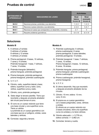 Pruebas de control UNIDAD 14
ESTÁNDARES DE
APRENDIZAJE
INDICADORES DE LOGRO
Actividades
Nivel
básico
Modelo B
Nivel
avanzado
Modelo A
B4-5.2 Reconoce prismas y pirámides y sus elementos. 1, 2, 4 1, 2, 3
B4-5.3 Reconoce cuerpos redondos y sus elementos. 2, 5, 6 5, 6, 7
B4-6.1 Reconoce el cuerpo que corresponde a un desarrollo y viceversa. 3, 7 4
B4-7.1 Resuelve problemas geométricos. 8, 9 ,10 8, 9 ,10
Soluciones
Modelo B
1. 6 vértices y 9 aristas
5 vértices y 8 aristas
8 vértices y 12 aristas
4 vértices y 6 aristas
2. Prisma pentagonal: 2 bases, 10 vértices,
7 caras y 15 aristas.
Pirámide hexagonal: 1 base, 7 vértices,
7 caras, 14 aristas.
3. Pirámide triangular (tetraedro),
prisma triangular, pirámide pentagonal.
4. Prisma triangular, pirámide pentagonal,
prisma hexagonal, pirámide cuadrangular.
5. V, F, V, F.
6. Cilindro, radio, superficie lateral y base;
esfera, superficie curva y radio; cono,
vértice, superficie curva y radio.
7. Cilindro, cono, pirámide pentagonal.
8. Debe elegir la tercera plantilla. Tiene que
recortarla y después envolverla alrededor
del círculo para formar el cono.
9. El cono es un cuerpo redondo que tiene
una base circular y una superficie curva.
Tiene un vértice.
La pirámide es un cuerpo geométrico con
una base que es un polígono, aristas, caras
laterales y vértices.
10. Correctas: segunda y tercera.
Modelo A
1. Pirámide cuadrangular, 5 vértices;
prisma cuadrangular, 6 caras;
prisma pentagonal, 5 caras laterales;
pirámide pentagonal, 10 aristas .
2. Pirámide hexagonal: 1 base, 7 vértices,
7 caras, 12 aristas.
Prisma hexagonal: 2 bases, 12 vértices,
8 caras, 18 aristas.
3. Pirámide triangular; prisma pentagonal;
prisma triangular; pirámide cuadrangular;
prisma cuadrangular.
4. Prisma cuadrangular; pirámide hexagonal,
prisma hexagonal.
5. V, F, F, V.
6. El último desarrollo. Hay que recortarlo
y después envolverlo alrededor de los
círculos.
7. Cilindro: 10 mm; esfera: 13 mm;
cono: 8 mm.
8. El prisma es un cuerpo geométrico
con 2 bases poligonales, caras, vértices
y aristas.
El cilindro es un cuerpo redondo con
2 bases circulares, tiene una superficie
curva (no aristas) y no tiene vértices.
9. Cilindro adecuado: r = 5,778 cm;
esfera correcta: r = 2,962 cm.
10. Correctas: tercera y cuarta.
128 Matemáticas 4 Material fotocopiable © 2015 Santillana Educación, S. L.
 