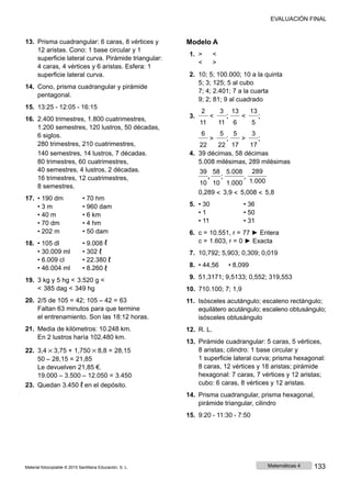 EVALUACIÓN FINAL
13. Prisma cuadrangular: 6 caras, 8 vértices y
12 aristas. Cono: 1 base circular y 1
superficie lateral curva. Pirámide triangular:
4 caras, 4 vértices y 6 aristas. Esfera: 1
superficie lateral curva.
14. Cono, prisma cuadrangular y pirámide
pentagonal.
Modelo A
1. > <
< >
2. 10; 5; 100.000; 10 a la quinta
5; 3; 125; 5 al cubo
7; 4; 2.401; 7 a la cuarta
9; 2; 81; 9 al cuadrado
15. 13:25 - 12:05 - 16:15
16. 2.400 trimestres, 1.800 cuatrimestres,
1.200 semestres, 120 lustros, 50 décadas,
6 siglos.
280 trimestres, 210 cuatrimestres,
2 3
3. < ;
11 11
6 5
> ;
22 22
13 13
< ;
6 5
5 3
> ;
17 17
140 semestres, 14 lustros, 7 décadas.
80 trimestres, 60 cuatrimestres,
4. 39 décimas, 58 décimas
5.008 milésimas, 289 milésimas
40 semestres, 4 lustros, 2 décadas.
16 trimestres, 12 cuatrimestres,
8 semestres.
39 58
, ;
10 10
5.008
,
1.000
289
1.000
17. • 190 dm • 70 hm
• 3 m • 960 dam
• 40 m • 6 km
• 70 dm • 4 hm
• 202 m • 50 dam
18. • 105 dl • 9.008 ℓ
• 30.009 ml • 302 ℓ
• 6.009 cl • 22.380 ℓ
• 46.004 ml • 8.260 ℓ
19. 3 kg y 5 hg < 3.520 g <
< 385 dag < 349 hg
20. 2/5 de 105 = 42; 105 ‒ 42 = 63
Faltan 63 minutos para que termine
el entrenamiento. Son las 18:12 horas.
21. Media de kilómetros: 10.248 km.
En 2 lustros haría 102.480 km.
22. 3,4 × 3,75 + 1,750 × 8,8 = 28,15
50 ‒ 28,15 = 21,85
Le devuelven 21,85 €.
19.000 ‒ 3.500 ‒ 12.050 = 3.450
23. Quedan 3.450 ℓ en el depósito.
0,289 < 3,9 < 5,008 < 5,8
5. • 30 • 36
• 1 • 50
• 11 • 31
6. c = 10.551, r = 77 ► Entera
c = 1.603, r = 0 ► Exacta
7. 10,792; 5,903; 0,309; 0,019
8. • 44,56 • 8,099
9. 51,3171; 9,5133; 0,552; 319,553
10. 710.100; 7; 1,9
11. Isósceles acutángulo; escaleno rectángulo;
equilátero acutángulo; escaleno obtusángulo;
isósceles obtusángulo
12. R. L.
13. Pirámide cuadrangular: 5 caras, 5 vértices,
8 aristas; cilindro: 1 base circular y
1 superficie lateral curva; prisma hexagonal:
8 caras, 12 vértices y 18 aristas; pirámide
hexagonal: 7 caras, 7 vértices y 12 aristas;
cubo: 6 caras, 8 vértices y 12 aristas.
14. Prisma cuadrangular, prisma hexagonal,
pirámide triangular, cilindro
15. 9:20 - 11:30 - 7:50
Material fotocopiable © 2015 Santillana Educación, S. L. Matemáticas 4 133
 
