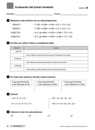Evaluación del primer trimestre MODELO B
Nombre Fecha
1 Relaciona cada número con su descomposición.
789.367 • • 7 CM + 9 DM + 8 UM + 8 C + 7 D + 3 U
798.873 • • 7 CM + 8 DM + 9 UM + 3 C + 6 D + 7 U
5.908.730 • • 5 U. de millón + 8 CM + 9 UM + 7 D + 3 U
5.809.073 • • 5 U. de millón + 9 CM + 8 UM + 7 C + 3 D
2 Escribe con cifras o letras y completa la tabla.
Número Lectura
528.476
Cinco millones doscientos diecinueve mil trescientos cincuenta.
8.530.810
Seis millones quinientos dieciséis mil seiscientos noventa.
9.200.365
Ocho millones ciento setenta y dos mil setecientos doce.
3 En cada caso, piensa y escribe cuatro números.
Cuya aproximación
a las decenas es 60.
Cuya aproximación
a las centenas es 500.
Cuya aproximación
a los millares es 7.000.
4 Calcula.
• 10 + 2 × 4 + 9 = • 20 ‒ (3 × 2) ‒ (8 ‒ 3) =
• 4 × 3 ‒ 2 × 4 + 2 ‒ 3 = • 40 : 2 + (4 + 8) ‒ (6 ‒ 2) =
5 Calcula el valor de cada potencia.
• 52
• 23
• 34
• 25
30 Matemáticas 4 Material fotocopiable © 2015 Santillana Educación, S. L.
 