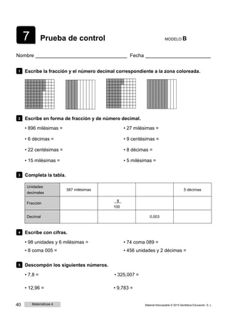 7 Prueba de control MODELO B
Nombre Fecha
1 Escribe la fracción y el número decimal correspondiente a la zona coloreada.
2 Escribe en forma de fracción y de número decimal.
• 896 milésimas =
• 6 décimas =
• 22 centésimas =
• 15 milésimas =
• 27 milésimas =
• 9 centésimas =
• 8 décimas =
• 5 milésimas =
3 Completa la tabla.
Unidades
decimales
587 milésimas 5 décimas
Fracción
8
100
Decimal 0,003
4 Escribe con cifras.
• 98 unidades y 6 milésimas =
• 8 coma 005 =
• 74 coma 089 =
• 456 unidades y 2 décimas =
5 Descompón los siguientes números.
• 7,8 = • 325,007 =
• 12,96 = • 9,783 =
40 Matemáticas 4 Material fotocopiable © 2015 Santillana Educación, S. L.
 