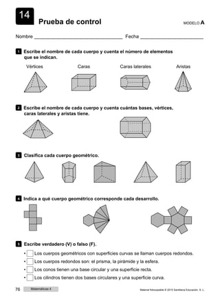 14
Prueba de control MODELO A
Nombre Fecha
1 Escribe el nombre de cada cuerpo y cuenta el número de elementos
que se indican.
Vértices Caras Caras laterales Aristas
2 Escribe el nombre de cada cuerpo y cuenta cuántas bases, vértices,
caras laterales y aristas tiene.
3 Clasifica cada cuerpo geométrico.
4 Indica a qué cuerpo geométrico corresponde cada desarrollo.
5 Escribe verdadero (V) o falso (F).
• Los cuerpos geométricos con superficies curvas se llaman cuerpos redondos.
• Los cuerpos redondos son: el prisma, la pirámide y la esfera.
• Los conos tienen una base circular y una superficie recta.
• Los cilindros tienen dos bases circulares y una superficie curva.
76 Matemáticas 4 Material fotocopiable © 2015 Santillana Educación, S. L.
 