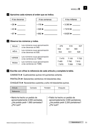 MODELO B
1
4 Aproxima cada número al orden que se indica.
A las decenas A las centenas A los millares
• 26 ►
• 43 ►
• 87 ►
• 179 ►
• 328 ►
• 682 ►
• 3.365 ►
• 7.618 ►
• 8.620 ►
5 Observa los números y rodea.
6 Escribe con cifras la referencia de cada artículo y completa la tabla.
CAMISETA ► Cuatrocientos quince mil quinientos ochenta.
PANTALÓN ► Seiscientos veinticinco mil doscientos diez.
CHAQUETA ► Novecientos cuarenta y ocho mil doscientos quince.
Artículo Camiseta Pantalón Chaqueta
Referencia
• María ha hecho un pedido de
aproximadamente 2.000 camisetas.
¿Ha podido pedir 1.990 camisetas?
¿Por qué?
• Pablo ha hecho un pedido de
aproximadamente 3.000 pantalones.
¿Ha podido pedir 2.200 pantalones?
¿Por qué?
Material fotocopiable © 2015 Santillana Educación, S. L. Matemáticas 4 11
 