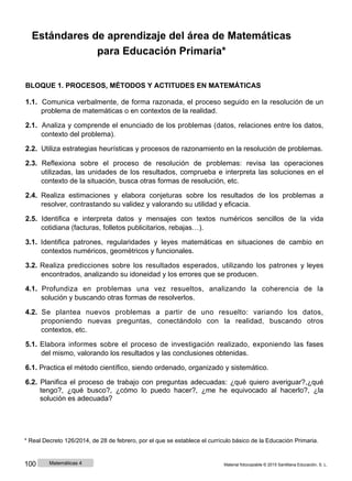 Estándares de aprendizaje del área de Matemáticas
para Educación Primaria*
BLOQUE 1. PROCESOS, MÉTODOS Y ACTITUDES EN MATEMÁTICAS
1.1. Comunica verbalmente, de forma razonada, el proceso seguido en la resolución de un
problema de matemáticas o en contextos de la realidad.
2.1. Analiza y comprende el enunciado de los problemas (datos, relaciones entre los datos,
contexto del problema).
2.2. Utiliza estrategias heurísticas y procesos de razonamiento en la resolución de problemas.
2.3. Reflexiona sobre el proceso de resolución de problemas: revisa las operaciones
utilizadas, las unidades de los resultados, comprueba e interpreta las soluciones en el
contexto de la situación, busca otras formas de resolución, etc.
2.4. Realiza estimaciones y elabora conjeturas sobre los resultados de los problemas a
resolver, contrastando su validez y valorando su utilidad y eficacia.
2.5. Identifica e interpreta datos y mensajes con textos numéricos sencillos de la vida
cotidiana (facturas, folletos publicitarios, rebajas…).
3.1. Identifica patrones, regularidades y leyes matemáticas en situaciones de cambio en
contextos numéricos, geométricos y funcionales.
3.2. Realiza predicciones sobre los resultados esperados, utilizando los patrones y leyes
encontrados, analizando su idoneidad y los errores que se producen.
4.1. Profundiza en problemas una vez resueltos, analizando la coherencia de la
solución y buscando otras formas de resolverlos.
4.2. Se plantea nuevos problemas a partir de uno resuelto: variando los datos,
proponiendo nuevas preguntas, conectándolo con la realidad, buscando otros
contextos, etc.
5.1. Elabora informes sobre el proceso de investigación realizado, exponiendo las fases
del mismo, valorando los resultados y las conclusiones obtenidas.
6.1. Practica el método científico, siendo ordenado, organizado y sistemático.
6.2. Planifica el proceso de trabajo con preguntas adecuadas: ¿qué quiero averiguar?,¿qué
tengo?, ¿qué busco?, ¿cómo lo puedo hacer?, ¿me he equivocado al hacerlo?, ¿la
solución es adecuada?
* Real Decreto 126/2014, de 28 de febrero, por el que se establece el currículo básico de la Educación Primaria.
100 Matemáticas 4 Material fotocopiable © 2015 Santillana Educación, S. L.
 