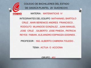 COLEGIO DE BACHILLERES DEL ESTADO
DE OAXACA PLANTEL 29 GUICHICOVI.
INTEGRANTES DEL EQUIPO :NATHANAEL BARTOLO
CRUZ , MARI BERENICE ANDRES FRANCISCO ,
RODOLFO MIJANGOS GONZALEZ , JUAN MANUEL
JOSE CRUZ , GILBERTO JOSE PINEDA , PATRICIA
REYES FABIAN ,ALEJANDRO ESPINOZA GODINES .
MATERIA : MATEMATICAS IV
TEMA : ACTUA O ACCIONA
PROFESOR : ING. ALBERTO CABRERA TOLEDO .
GRUPO : 401
 