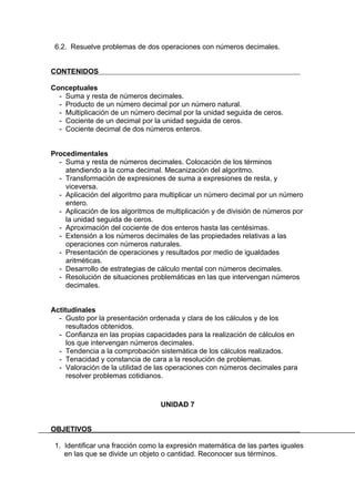 6.2. Resuelve problemas de dos operaciones con números decimales.


CONTENIDOS

Conceptuales
  - Suma y resta de números decimales.
  - Producto de un número decimal por un número natural.
  - Multiplicación de un número decimal por la unidad seguida de ceros.
  - Cociente de un decimal por la unidad seguida de ceros.
  - Cociente decimal de dos números enteros.


Procedimentales
  - Suma y resta de números decimales. Colocación de los términos
    atendiendo a la coma decimal. Mecanización del algoritmo.
  - Transformación de expresiones de suma a expresiones de resta, y
    viceversa.
  - Aplicación del algoritmo para multiplicar un número decimal por un número
    entero.
  - Aplicación de los algoritmos de multiplicación y de división de números por
    la unidad seguida de ceros.
  - Aproximación del cociente de dos enteros hasta las centésimas.
  - Extensión a los números decimales de las propiedades relativas a las
    operaciones con números naturales.
  - Presentación de operaciones y resultados por medio de igualdades
    aritméticas.
  - Desarrollo de estrategias de cálculo mental con números decimales.
  - Resolución de situaciones problemáticas en las que intervengan números
    decimales.


Actitudinales
  - Gusto por la presentación ordenada y clara de los cálculos y de los
     resultados obtenidos.
  - Confianza en las propias capacidades para la realización de cálculos en
     los que intervengan números decimales.
  - Tendencia a la comprobación sistemática de los cálculos realizados.
  - Tenacidad y constancia de cara a la resolución de problemas.
  - Valoración de la utilidad de las operaciones con números decimales para
     resolver problemas cotidianos.



                                  UNIDAD 7


OBJETIVOS

 1. Identificar una fracción como la expresión matemática de las partes iguales
    en las que se divide un objeto o cantidad. Reconocer sus términos.
 