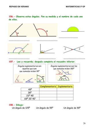 REPASO EN VERANO MATEMÁTICAS 5º EP
106.- Observa estos ángulos. Pon su medida y el nombre de cada uno
de ellos.
---------------------
----------------------- -----------------------
----------------------- ------------------- ------------------------
107.- Lee y recuerda; después completa el recuadro inferior.
Complementario Suplementario
49º
38º
23º 45’
69º 20’ 40’’
108.- Dibuja:
Un ángulo de 125º Un ángulo de 55º Un ángulo de 90º
26
Ángulos suplementarios son
aquellos que sum
que sumados miden 90º
Ángulos suplementarios son los
que sumados miden 180º
 