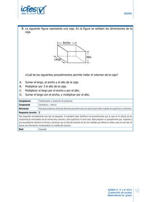 12
GUÍAS
SABER 3°, 5° y 9° 2013
Cuadernillo de prueba
Matemáticas 5o. grado
saber 3º, 5º y 9º
La siguiente figura representa una caja. En la figura se señalan las dimensiones de la
caja.
Largo
Ancho
Alto
¿Cuál de los siguientes procedimientos permite hallar el volumen de la caja?
A. Sumar el largo, el ancho y el alto de la caja.
B. Multiplicar por 3 el alto de la caja.
C. Multiplicar el largo por el ancho y por el alto.
D. Sumar el largo con el ancho, y multiplicar por el alto.
24.
14 MG Matemáticas
BLOQUE 1 5º Cuadernillo 1
Competencia Planteamiento y resolución de problemas
Componente Geométrico - métrico
Afirmación Resuelve problemas utilizando diferentes procedimientos de cálculo para hallar medidas de superficies y volúmenes.
Respuesta correcta C
Para responder acertadamente este tipo de preguntas, el estudiante debe identificar los procedimientos que se usan en el cálculo de las
características mensurables de las formas área, volumen y área superficial. En este caso, debe proponer un procedimiento que responda a
una necesidad de medición en formas y reconocer que se trata del producto de las tres medidas que definen el sólido, pues en este tipo de
figuras esa información corresponderá a la medida del volumen.
Nivel Avanzado
8.
 