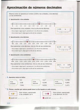 Aproximación de números decimales
(
Observa cómo se aproxima el número 2,635 a las unidades, a las décimas
y a las centésimas.
• Aproximación a las unidades
-r==+=2 2,1
I I r-2,5 2,6 2,7 2,8 2,9 32,2 2,3 2,4
2,635 ~
I
6> 5, 2 + 1 = 3
Para aproximar a las unidades, mira la cifra de las décimas.
- Si es mayor o igual que 5, aumenta en 11a cifra de las unidades.
- Si es menor que 5, deja igual la cifra de las unidades.
• Aproximación a las décimas
-+=+2,6 2,61
I~
2,62 2,63 2,64 2,65 2,66 2,67
+==r-2,68 2,69 2,7
2,635
~ • 1-2,63 2,631 2,632 2,633 2,634 2,635 2,636 2,637 2,638 2,639 2,64
Para aproximar a las centésimas, mira la cifra de las milésimas.
- Si es mayor o igual que 5, aumenta en 1 la cifra de las centésimas.
- Si es menor que 5, deja igual la cifra de las centésimas.
Este número, aproximado
a las unidades, es 4.
Para aproximar a las décimas, mira la cifra de las centésimas.
- Si es mayor o igual que 5, aumenta en 11a cifra de las décimas.
- Si es menor que 5, deja igual la cifra de las décimas.
• Aproximación a las centésimas
2,635 ~ 2,6
'1' t
3 < 5, 6 = 6
j 1. Aproxima como se indica.
6,2
3,58
7,941
4,17
8,346
9,253
2,635 ~ 2,64
'I~ -----,t5 = 5, 3 + 1 = 4
Alas
décimas
3,729
6,805
5,471
Alas
unidades
Alas
centésimas
--"2. Piensa y escribe qué valores puede tener la cifra tapada en cada número.
Este número, aproximado
a las décimas, es 5,9.
• puede ser ... , ... , ... , ... o .. , • puede ser ... , ... , ... , ... o ...
112
3
t
 