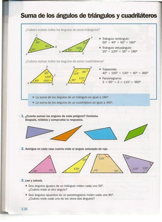 Suma de los ángulos de triángulos y cuadriláteros
¿Cuánto suman todos los ángulos de estos triángulos?
e
F
• Triángulo rectángulo:
50° + 40° + 90° = 1800
• Triángulo obtusángulo:
25° + 120° + 35° = 180°
B
A
¿Cuánto suman todos los ángulos de estos cuadriláteros?
o ¡.......,..--_-.- ...•G.
• Trapezoide:
40° + 100° + 130° + 90° = 360°
• Paralelogramo:
2 x 65° + 2 x 115° = 360°
e
A .L-.L- .L.......l.
E
• La suma de los ángulos de un triángulo es igual a 180° .
• La suma de los ángulos de un cuadrilátero es igual a 360°.
'i. 1. ¿Cuánto suman los ángulos de cada polígono? Contesta.
Después, mídelos y comprueba tu respuesta.
, 2. Averigua en cada caso cuánto mide el ángulo coloreado de rojo.
3. Lee y calcula .
• Dos ángulos iguales de un triángulo miden cada uno 50°.
¿Cuánto mide el otro ángulo?
• Dos ángulos opuestos de un paralelogramo miden cada uno 80°.
¿Cuánto mide cada uno de los otros dos ángulos?
138
 