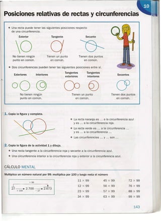 Posiciones relativas de rectas y circunferencias
• Una recta puede tener las siguientes posiciones respecto
de una circunferencia.
Exterior Tangente Secante
a0No tlenen ningún
punto en común.
Tienen un punto
en común.
Tienen dos puntos
en común.
• Dos circunferencias pueden tener las siguientes posiciones entre sí.
Tangentes
exteriores
Tangentes
interiores
Exteriores Interiores Secantes
00 @
No tienen ningún
punto en común.
Tienen un punto
en común.
Tienen dos puntos "
en común. -
1. Copia la figura y completa.
• La recta naranja es ... a la circunferencia azul
y es ~.. a la circunferencia roja.
• La recta verde es ... a la circunferencia ...
yes ... a la circunferencia ...
• Las circunferencias ... y ... son ...
2. Copia la figura de la actividad 1 y dibuja.
• Una recta tangente a la circunferencia roja y secante a la circunferencia azul.
• Una circunferencia interior a la circunferencia roja y exterior a la circunferencia azul.
CÁLCULO MENTAL
Multiplica un número natural por 99: multiplica por 100 y luego resta el número
11 X 99 45 X 99 72 X 99
x 99
-.L =::L 12 X 99 56 X 99 76 X 99
27 ~ 2.700 ~ 2.673
x 100 - 27 23 X 99 57 X 99 88 X 99
34 X 99 63 X 99 99 X 99
143
 