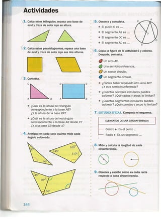 Actividades
11. Calca estos triángulos, repasa una base de
azul y traza de color rojo su altura.
1
I¡ .2. Calca estos paralelograrnos, repasa una base
de azul y traza de color rojo sus dos alturas.
D/
3. Contesta.
e o r--------, e
A 1...- .......;:110,. B A 1...- ......•B
• ¿Cuál es la altura del triángulo
correspondiente a la base AB?
¿Y la altura de la base CA?
• ¿Cuál es la altura del rectángulo
correspondiente a la base AB desde C?
¿Ya la base CB desde A?
,>,4. Averigua en cada caso cuánto mide cada
ángulo coloreado.
144
5. Observa y completa.
• • El punto O es ...
• El segmento AB es ...•
• • El segmento OC es .
• El segmento AD es .
•
•
6. Copia la figura de la actividad 5 y colorea.
Después, contesta.
•
• Un arco AC.
O Una semicircunferencia.
O Un sector circular.
Un segmento circular.
•
•
•
•
•
• ¿Podías haber repasado otro arco AC?
¿Y otra semicircunferencia?
• ¿Cuántos sectores circulares puedes
colorear? ¿Qué radios y arcos lo limitan?
• ¿Cuántos segmentos circulares puedes
• colorear? ¿Qué cuerdas y arcos lo limitan?
•
•
• 7. ESTUDIO EFICAZ. Completa el esquema.
•
•
•
•
• Centro ~ Es el punto ...
Radio ~ Es un segmento ...
ELEMENTOS DE UNA CIRCUNFERENCIA
8. Mide y calcula la longitud de cada
circunferencia.
•
•
•
•
•
• 9. Observa y escribe cómo es cada recta
• respecto a cada circunferencia.
•
•
•
•
•
•
 