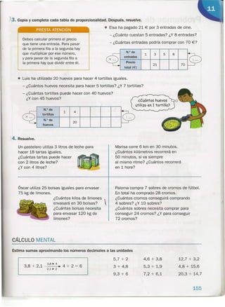 X3. Copia y completa cada tabla de proporcionalidad. Después, resuelve .
• Eisa ha pagado 21 € por 3 entradas de cine.
- ¿Cuánto cuestan 5 entradas? ¿Y 8 entradas?
• Luis ha utilizado 20 huevos para hacer 4 tortillas iguales.
- ¿Cuántos huevos necesita para hacer 5 tortillas? ¿Y 7 tortillas?
- ¿Cuántas tortillas puede hacer con 40 huevos?
¿Y con 45 huevos?
PRESTA ATENCiÓN
Debes calcular primero el precio
que tiene una entrada. Para pasar
de la primera fila a la segunda hay
que multiplicar por ese número,
y para pasar de la segunda fila a
la primera hay que dividir entre él.
- ¿Cuántas entradas podría comprar con 70 €?
N.O de
entradas
70
3 8
Un pastelero utiliza 3 litros de leche parav .
hacer 18 tartas iguales ..
¿Cuántas tartas puede hacer
con 2 litros de leche?
¿Y con 4 litros?
51
Precio
total (€)
21
~
~
Óscar utiliza 25 bolsas iguales para envasar
75 kg de limones.
¿Cuántos huevos
utilizo en 1 tortilla?
3,8 + 2,1 3,8 ~ 4 ~ 4 + 2 = 6
2,1 ~ 2
N.O de
1 4
tortillas
N.o de
20
huevos
;4. Resuelve.
Marisa corre 6 km en 30 minutos.
¿Cuántos kilómetros recorrerá en
50 minutos, si va siempre
al mismo ritmo? ¿Cuántos recorrerá
en 1 hora?
Paloma compra 7 sobres de cromos de fútbol.
En total ha comprado 28 cromos.
¿Cuántos cromos conseguirá comprando
4 sobres? ¿Y 10 sobres?
¿Cuántos sobres necesita comprar para
conseguir 24 cromos? ¿Y para conseguir
72 cromos?
¿Cuántos kilos de limones 
envasará en 30 bolsas?
¿Cuántas bolsas necesita
para envasar 120 kg de
limones?
CÁLCULO MENTAL
Estima sumas aproximando los números decimales a las unidades
5,7 + 2
3 + 4,8
9,3 + 6
4,6 + 3,8
5,3 + 1,9
7,2 + 6,1
12,7 + 3,2
4,8 + 15,6
20,3 + 14,7
155
f
.,..
 