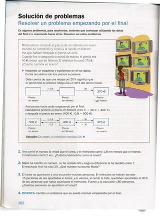 En algunos problemas, para resolverlos, tenemos que comenzar utilizando los datos
del final e ir avanzando hacia atrás. Resuelve así estos problemas.
Solución de problemas
Resolver un problema empezando por el final
Mana estuvo mirando el precio de un televisor en enero.
Decidió no comprarlo y volvió a la tienda en febrero.
Vio que habían rebajado el precio un 20%.
Cuando fue a comprarlo a mitad de marzo, el precio era
30 € menor que en febrero. El televisor le costó 370 €.
¿Cuánto costaba en enero?
~ Hacemos uh esquema y escribimos en él los datos.
En los recuadros irán los precios sucesivos.
Date cuenta de que una rebaja del 20 % significa que
el precio tras la primera rebaja era un 80 % del precio inicial.
D ·D - 30
-[~
Precio
-..tn marzo
x 0,8
Precio
en enero
Precio
en febrero
Avanzamos hacia atrás empezando por el final.
Calculamos primero el precio en febrero (370 € + 30 € = 400 €),
Y después el precio en enero (400 € : 0,8 = 500 €).
B- x 0,8
·8- - 30
·8: 0,8 + 30
Precio Precio Precio
en enero en febrero en marzo
Solución: En enero, el televisor costaba 500 €.
WlIOOI
~ml
IliJl
.
1. Ana corrió el martes la mitad que el lunes, y el miércoles 'corrió 1,8 km menos que el martes.
El miércoles corrió 5 km. ¿Cuántos kilómetros corrió el lunes?
2. Maite ha escrito un número. Le ha restado 90 y luego la diferencia la ha dividido entre 7.
El resultado final ha sido 20. ¿Qué número ha escrito Maite?
3. El lunes se apuntaron a una excursión muchas personas. El miércoles se habían borrado
15 personas de las apuntadas el lunes, y el viernes, al cerrar la lista, quedaban apuntadas el 90%
de las personas que había apuntadas el miércoles. Fueron a la excursión 180 personas.
¿Cuántas personas se apuntaron el lunes?
4. INVENTA. Escribe un problema que se pueda resolver empezando por el final.
162
 