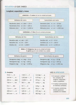 RECUERDA LO QUE SABES
Longitud, capacidad y masa
LONGITUD ~ El metro (m) es la unidad principal.
Múltiplos del metro Submúltiplos del metro
Decámetro (dam)
Hectómetro (hm)
Kilómetro (km)
~ 1 dam = 10 m
~ 1 hm = 100 m
~ 1 km = 1.000 m
Decímetro (dm) ~ 1 m = 10 dm
Centímetro (cm) ~ 1 m = 100 cm
Milímetro (mm) ~ 1 m = 1.000 mm
CAPACIDAD ~ El litro (E) es la unidad principal.
Múltiplos del litro SLibmúltiplos del litro
Decalitro (dal)
Hectolitro (hl)
Kilolitro (kl)
~ 1 dal = 10 E
~ 1 hl = 100 E
~ 1 kl = 1.000 E
Decilitro (di) ~ 1E = 10 di
Centilitro (el) ~ 1 E= 100 el
Mililitro (mi) ~ 1 E = 1.000 mi
MASA ~ El kilogramo (kg) es la unidad principal.
El giamo (g) es una unidad muy usada.
I
I I
I I I IMúltiplos del gramo Submúltiplos del gramo'
Decagramo (dag)
Hectogramo (hg)
Kilogramo (kg)
~ 1 dag = 10 g
~ 1 hg = 100 g
~ 1 kg = 1.000 g
Decigramo(dg) ~ 1 g ~ 10 dg
Centigramo (cg) ~ 1 g = 100 cg
Miligramo (rng) .~ 1 g = 1.000 rng
1. Completa. VAS A.APRENDER
3 km = ... m 7,8 hl = ... E 4,2 dag = ... g
• A conocer Y utilizar
2,6 hm = ... m 1,92 dal = ... E 0,75 kg = ... g 'las unidades de. '.
250 m = ... dam 4.300 E = ... kl 974 g = ... hg longitud, capacidad, .
masa y superficie.
724 m = ... km 92 E = ... dal 113 g = ... kg
• A realizar estimaciones
5 m = ... dm 9 E = ... el 2,8 g = ... dg en distintos contextos.
7,2 m = ... cm 6,4 E = ... mi 64 g = ... cg • A resolver problemas
349 cm = '" m 120 di = ... E 375 rng = ... g
donde aparezcan
unidades de medida.
870 mm = ... m 160 el = ... E 46,9 dg = ... g
165
-
 