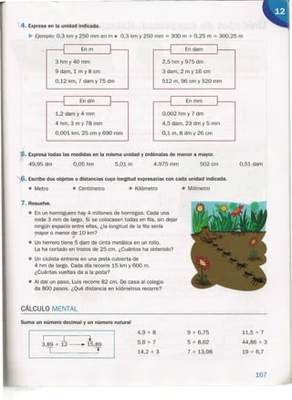 Y4. Expresa en la unidad indicada.
~ Ejemplo: 0,3 km y 250 mm en m ~ 0,3 km y 250 mm = 300 m + 0,25 m = 300,25 m
I IEn m I En dam If--_-,1'-- -"1
2,5 hm y 975 dm
3 dam, 2 m y 16 cm
512 m, 96 cm y 520 mm
I En mm If--_-,
0,002 hm y 7 dm
4,5 dam, 23 dm y 5 mm
0,1 m, 8 dm y 26 cm
, / . .
5. Expresa todas las medidas en la misma unidad y ordénalas de menor a mayor.
49,95 dm
1 1
5,01 m 4.975 mm 502 cm 0,51 dam
3 hm y 40 mm
9 dam, 1 m y 8 cm
0,12 km, 7 dam y 75 dm
• Metro
,,- • Escribe dos objetos o distancias cuya longitud expresarías con cada unidad indicada .
• Milímetro
I IEn dm
• Kilómetro
7. Resuelve.
• En un hormiguero hay 4 millones de hormigas. Cada una
mide 3 mm de largo. Si se colocasen todas en fila, sin dejar
ningún espacio entre ellas, ¿la longitud de la fila sería
,ayor o menor ~e 10 km?
• Un herrero tiene 5 dam de cinta metálica en un rollo.
La ha cortado en trozos de 25 cm. ¿Cuántos ha obtenido?
• Un ciclista entrena en una pista cubierta de
4 hm de largo. Cada día recorre 15 km y 600 m.
¿Cuántas vueltas da a la pista?
• Al dar un paso, Luis recorre 82 cm. De casa al colegio
da 800 pasos. ¿Qué distancia en kilómetros recorre?
. 1,2 dam y 4 mm
4 hm, 3 m y 78 mm
0,001 km, 25 cm y 690 mm
0,05 hm
• Centímetro
CÁLCULO MENTAL
Suma un número decimal y un número natural
I l l
3,89 + 12 -~~ 15,89
T T
4,9 + 8
5,6 + 7
14,2 + 3
9 + 6,75
5 + 8,62
7 + 13,98
11,5 + 7
44,86 + 3
19 + 6,7
167
 