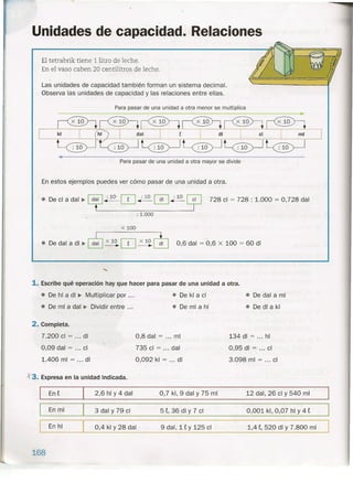 Unidades de capacidad. Relaciones
El tetrabrik tiene 1 litro de leche.
En el vaso caben 20 centilitros de leche.
Las unidades de capacidad también forman un sistema decimal.
Observa las unidades de capacidad y las relaciones entre ellas.
Para pasar de una unidad a otra menor se multiplica
Para pasar de una unidad a otra mayor se divide
En estos ejemplos puedes ver cómo pasar de una unidad a otra.
• Deeladal~~~[IJ~0~gJ
: 1.000
728 el = 728 : 1.000 = 0,728 dal
x 100
• Dedaladl~~~[IJ~[:tJ 0,6 dal = 0,6 x 100 = 60 di
1. Escribe qué-operaclón hay que hacer para pasar de una unidad a otra.
• De hl a di ~ Multiplicar por ...
• De mi a dal ~ Dividir entre '"
• De kl a el
• De mi a hl
• De dal a mi
• De di a kl
2. Completa.
7.200 el = oo. di
0,09 dal = oo. el
1.406 mi = ... di
0,8 dal = oo. mi
735 el = oo. dal
0,092 kl = oo. di
134 di = oo. hl
0,95 di = oo. el
3.098 mi = ... el
X 3. Expresa en la unidad indicada.
En t 2,6 hl Y4 dal 0,7 kl, 9 dal y 75 mi 12 dal, 26 el y 540 mi
En mi 5 t, 36 di Y 7 el 0,001 kl, 0,07 hl Y 4 e3 dal y 79 el
En hl 9 dal, 1 e y 125 el 1,4 e, 520 di Y 7.800 mi0,4 kl Y 28 dal
168
 