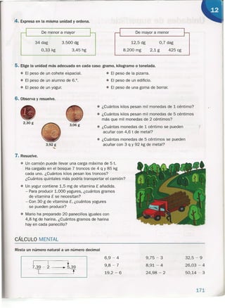 ,)4. Expresa en la misma unidad y ordena.
De menor a mayor
34 dag
0,33 kg
3.500 dg
3,45 hg
De mayor a menor
12,5 dg
8.200 rng
0,7 dag
2,1 g 425 cg
5. Elige la unidad más adecuada en cada caso: gramo, kilogramo o tonelada.
• El peso de un cohete espacial.
• El peso de un alumno de 6.°.
• El peso de un yogur.
6. Observa y resuelve.
2,30g
3,06g
3,92 g
• El peso de la pizarra.
• El peso de un edificio.
• El peso de una goma de borrar.
• ¿Cuántos kilos pesan mil monedas de 1 céntimo?
• ¿Cuántos kilos pesan mil monedas de 5 céntimos
más que mil monedas de 2 céntimos?
• ¿Cuántas monedas de 1 céntimo se pueden
acuñar con 4,6 t de metal?
• ¿Cuántas monedas de 5 céntimos se pueden
acuñar con 3 q y 92 kg de metal?
7. Resuelve.
• Un camión puede llevar una carga máxima de 5 t.
Ha carga!o en el bosque 7 troncos de 4 q Y 85 kg
cada uno. ¿Cuántos kilos pesan los troncos?
¿Cuántos quintales más podría transportar el camión?
• Un yogur contiene 1,5 rng de vitamina E añadida.
- Para producir 1.000 yogures, ¿cuántos gramos
de vitamina E se necesitan?
- Con 30 g de vitamina E, ¿cuántos yogures
se pueden producir?
• Mario ha preparado 20 panecillos iguales con
4,8 hg de harina. ¿Cuántos gramos de harina
hay en cada panecillo?
CÁLCULO MENTAL
Resta un número natural a un número decimal
I I •
7,39 - 2 -- •.•.5,39
T T
6,9 - 4
9,8 -7
19,2 - 6
9,75 - 3
8,91 - 4
24,98 - 2
32,5 - 9
26,03 - 4
50,14 - 3
171
 