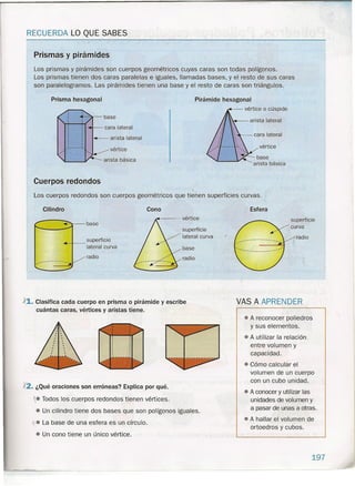 RECUERDA LO QUE SABES
Prismas y pirámides
Los prismas y pirámides son cuerpos geométricos cuyas caras son todas pohgonos.
Los prismas tienen dos caras paralelas e iguales, llamadas bases, y el resto de sus caras
son paralelogramos. Las pirámides tienen una base y el resto de caras son triángulos.
Prisma hexagonal Pirámide hexagonal
vértice o cúspide
-'--3r- base
cara lateral
vértice
arista básica
Cuerpos redondos
.---- arista lateral
cara lateral
vértice
base
arista básica
Los cuerpos redondos son cuerpos geométricos que tienen superficies curvas.
Cilindro Cono
~--- vértice
~'---base
superficie
lateral curva
superficie
~+--
lateral curva
radio
base
radio
-'1. Clasifica cada cuerpo en prisma o pirámide y escribe
cuántas caras, vértices y aristas tiene.
~2.¿Qué oraciones son erróneas? Explica por qué.
. Todos los cuerpos redondos tienen vértices.
• Un cilindro tiene dos bases que son polígonos iguales.
-",0 La base de una esfera es un círculo.
• Un cono tiene un único vértice".
Esfera
superficie
curva
radio
VAS A APREN DER
- 9
• A reconocer poliedros
y sus elementos.
• A utilizar la relación
entre volumen y
capacidad.
• Cómo calcular el
volumen de un cuerpo
con un cubo unidad.
• A conocer y utilizar las
unidades de volumen y
a pasar de unas a otras .
e A hallar el volumen de
ortoedros y cubos .
197
 