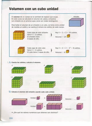 Volumen con un cubo unidad
El volumen de un cuerpo es la cantidad de espacio que ocupa.
En este curso se calculará el volumen de cubos y ortoedros
(un ortoedro es un prisma cuyas caras son todas rectángulos).
Ortoedro
Para hallar el volumen de un ortoedro o un cubo, se toma como unidad
de medida un cubito y se cuenta el número de cubitos de cada cuerpo.
/
/
/
1/
Cada capa de este ortoedro
tiene 4 x 2 cubitos.
El ortoedro tiene
3 capas de alto.
Hay 4 x 2 x 3 = 24 cubitos.
Volumen = 24 ljJ
Cada capa de este cubo
tiene 2 x 2 cubitos. ~
El cubo tiene 2 capas de alto. ,
Hay 2 x 2 x 2 = 23
= 8 cubitos.
Volumen = 8. LJ)
1. Cuenta los cubitos y calcula el volumen.
A
)2. Calcula el volumen del ortoedro usando cada cubo unidad.
Unidad
Volumen = .....
~ ~-:---:'.~:::.-~~7:]
~~ • _'- _~ ~••_.-!-. ~iH
Unidad
Volumen = ...
• ¿Por qué los valores numéricos que obtienes son distintos?
200
 