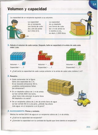 Volumen y capacidad
La capacidad
de un depósito
con forma de cubo
de 1 m de arista es
1 kilolitro (1 kl),
es decir, 1.000 litros.
La capacidad de un recipiente equivale a su volumen.
La capacidad
de un recipiente
con forma de cubo
de 1 dm de arista
es 1 litro (1 t),
ldm
1. Calcula el volumen de cada cuerpo. Después, halla su capacidad si la arista de cada cubo
mide 1 dm.
Volumen = ... ~
Capacidad = ... t
Volumen = ...
Capacidad = ... t
Volumen = ... iD
Capacidad = ... t
• ¿Cuál sería la capacidad de cada cuerpo anterior si la arista de cada cubo midiera 1 m?
2. Resuelve.
• Cada contenedor de la figura /
tiene una capacidad de 1 kl.
Si se necesita almacenar 40 kl,
¿cuántos contenedores faltan
por almacenar?
• En un depósito cúbico de 1 m de arista
se han vertido 800 t de leche.
¿Qué tiene más volumen: la parte llena
del depósito o la vacía?
• De un recipiente cúbico de 1 dm de arista lleno de agua
se han vertido 60 cl a una jarra. ¿Dónde hay ahora
más agua: en el recipiente o en la jarra?
3. RAZONAMIENTO. Piensa y contesta.)
Matías ha vertido 500 t de agua en un recipiente cúbico de 1 m de arista.
• ¿Cuál es la capacidad del recipiente?
• ¿Coincide la capacidad con la cantidad de líquido que tiene dentro el recipiente?
201
 