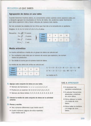 RECUERDA LO QUE SABES
Agrupación de datos en una tabla
Cuando tenemos muchos datos, es conveniente contar cuántas veces aparece cada uno
y después agrupar los resultados en forma de tabla. Así, podemos saber fácilmente
qué datos aparecen más y hacer cálculos de manera más rápida.
Se han anotado las edades de los niños que han ido a la consulta de un pediatra.
Edades: 3, 3, 11, 5, 3, 8, 3, 5, 8, 3, 5 Y 3 años
Recuento: 3 ~ lIIf / 6 veces
Edad
5 ~ 111 3 veces (años)
3 5 8 11
8 ~ // 2 veces Número
26 3 1
de veces
11 ~ / 1 vez
Media aritmética
La media aritmética o media de un grupo de datos se calcula así:
1.° Se multiplica cada dato por el número de veces que aparece y se suman
todos los productos.
2.° Se divide la suma por el número total de datos.
La media de los datos de arriba se calcula así:
1.0 3 x 6 + 5 x 3 + 8 x 2 + 11 x 1 = 60
2. ° 6 + 3 + 2 + 1 = 12; 60: 12 = 5
8 11
Edad
3 5
(años)
Número
36
de veces
2 1
La media es 5.
VAS A APRENDER1. Agrupa cada conjunto de datos en una tabla.
• Número de hermanos: 1,1,1, 1,2,2,2,3,3,4
• Puntos en un examen: 8, 5, 6, 6, 5, 8, 5, 8, 4, 6, 5
• Número de libros leídos: 3,4,4,3,6,3,2,5,4,5,3,6
• A reconocer las
variables estadísticas.
• A calcular frecuencias
absolutas y relativas
de unos datos.
• Cómo obtener la media
y la moda de unos
datos.
• Cómo hallar la mediana
y el rango de unos
datos.
2. Calcula la media de cada conjunto de datos de la actividad
anterior.
3. Piensa y escribe.
• Tres números diferentes cuya media sea 6.
• Cuatro números (alguno de ellos repetido)
cuya media sea 8.
209
 