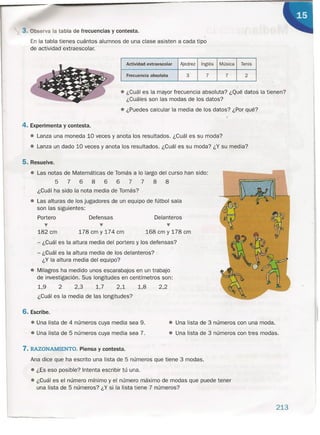 t- 3. erva la tabla de frecuencias y contesta.
En la tabla tienes cuántos alumnos de una clase asisten a cada tipo
de actividad extraescolar.
Actividad extraescolar Ajedrez Inglés Música Tenis
Frecuencia absoluta 3 7 7 - 2
• ¿Cuál es la mayor frecuencia absoluta? ¿Q~é datos la-tienen?
¿Cuáles son las modas de los datos?
• ¿Puedes calcular la media de/los datos? ¿Por qué?
4. Experimenta y contesta.
• Lanza una moneda 10 veces y anota los resultados. ¿Cuál es su moda?
• Lanza un dado 10 veces y anota los resultados. ¿Cuál es su moda? ¿Y su media?
5. Resuelve.
• Las notas de Matemáticas de Tomás a lo largo del curso han sido:
5 768 667 788
¿Cuál ha sido la nota media de Tomás?
• Las alturas de los jugadores de un equipo de fútbol sala
son las siguientes:
Portero
v
182 cm
Defensas
v
178 cm y 174 cm
Delanteros
v
168 cm y 178 cm
6. Escribe.
• Una lista de 4 números cuya media sea 9.
• Una lista de 5 números cuya media sea 7_
• Una lista de 3 números con una moda.
• Una lista de 3 números con tres modas.
- ¿Cuál es la altura media del portero y los defensas?
- ¿Cuál es la altura media de los delanteros?
¿Y la altura media del equipo?
• Milagros ha medido unos escarabajos en un trabajo
de investigación. Sus longitudes en centímetros son:
1,9 2 2,3 1,7 2,1 1,8 2,2
¿Cuál es la media de las longitudes?
7. RAZONAMIENTO. Piensa y contesta.
Ana dice que ha escrito una lista de 5 números que tiene 3 modas.
• ¿Es eso posible? Intenta escribir tú una.
• ¿Cuál es el número mínimo y el número máximo de modas que puede tener
una lista de 5 números? ¿Y si la lista tiene 7 números?
213
 