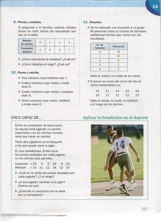 ,.
9. Piensa y cont~sta.
Al preguntar 'a 9 familias cuántos móviles
tenían -en total, dieron las respuestas que
ves en la tabla.
Número
de móviles
O 1 2 3
Frecuencia
1 5 2 1
absoluta
• ¿Cómo calcularías la mediana? ¿Cuál es?
• ¿Cómo hallarías el rango? ¿Cuál es? •
10. Piensa y escribe.
• Tres números cuya mediana sea 7.
• Cuatro números cuya media y moda
sean 5.
• Cuatro números cuya media y mediana
sean 4.
• Cinco números cuya media, mediana
y moda sean 6.
ERES CAPAZ DE ...
11. Resuelve.
•
• Se ha realizado una encuesta a un grupo
de personas sobre el número de llamadas
telefónicas hechas ayer. Estos son los
resultados.
•
• N.Ode
Frecuencia
llamadas
O 16
1 15
2 8
3 1
4 2
Emilio es entrenador de baloncesto.
Su equipo está jugando un partido
importante y en los últimos minutos
tiene que hacer un cambio.
Tiene dos jugadores en el banquillo
a los que puede sacar a jugar.
En sus estadísticas, Emilio tiene
los puntos anotados por cada jugador
en los últimos seis partidos:
Carpenter -7 24 4 6 16 9 19
Mirovich -7 13 11 12 14 12 10
• ¿Cuál es la media de puntos anotados por
cada jugador? ¿Y el rango?
• ¿A qué jugador sacarías tú a jugar? .
Explica por qué.
• ¿Coincide tu respuesta con la dada
por tu compañero?
•
•
•
•
• Halla la media y la moda de los datos.
• El precio en euros del menú del día en
varios restaurantes es:
•
•
•
..•
•
12
10
11
11
14
12
12
12
14
12•
•
•
Halla la media, la moda, la mediana
y el rango de los precios.
•
Aplicar la Estadística en el deporte
217
 