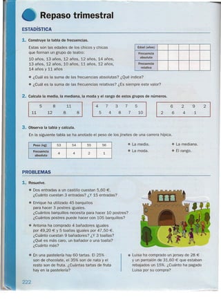 Repaso trimestral
ESTADíSTICA
1. Construye la tabla de frecuencias.
Estas son las edades de los chicos y chicas
que forman un grupo de teatro:
10 años, 13 años, 12 años, 12 años, 14 años,
13 años, 12 años, 10 años, 11 años, 12 años,
14 años y 11 años
Edad (años)
Frecuencia
absoluta
Frecuencia
relativa
• ¿Cuál es la suma de las frecuencias absolutas? ¿Qué indica?
• ¿Cuál es la suma de las frecuencias relativas? ¿Es siempre este valor?
2. Calcula la media, la mediana, la moda y el rango de estos grupos de números.
1
4
5 7 4 3 8 7 7 5 10 I 1,--2__ 6_6__
2
_4__ 91__ 2----J1
8
12
11
8
3. Observa la tabla y calcula.
En la siguiente tabla se ha anotado el peso de los jinetes de una carrera hípica .
• La media.
• La moda.
• La mediana.
• El rango.
53 55 5654Peso (kg)
Frecuencia
absoluta
24 4 1
PROBLEMAS
1. Resuelve.
• Dos entradas a un castillo cuestan 5,60 €.
¿Cuánto cuestan 3 entradas? ¿Y 15 entradas?
• Enrique ha utilizado 45 barquillos
para hacer 3 postres iguales.
¿Cuántos barquillos necesita para hacer 10 postres?
¿Cuántos postres puede hacer con 105 barquillos?
• Antonia ha comprado 4 bañadores iguales
por 49,20 € Y 5 toallas iguales por 47,50 €.
¿Cuánto cuestan 9 bañadores? ¿Y 3 toallas?
¿Qué es más caro, un bañador o una toalla?
¿Cuánto más?
• En una pastelería hay 60 tartas. El 25%
son de chocolate, el 35% son de nata yel
resto son de fruta. ¿Cuántas tartas de fruta
hay en la pastelería?
• Luisa ha comprado un jersey de 28 €
Y un pantalón de 31,60 € que estaban
rebajados un 15%. ¿Cuánto ha pagado
Luisa por su compra?
222
- --------
 