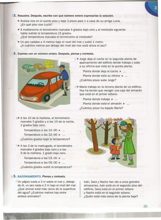 3. Resuelve. Después, escribe con qué número entero expresarías la solución.
• Andrea vive en el quinto piso y baja 3 pisos para ir a casa de su amiga Lucía.
¿En qué piso vive Lucía?
• A medianoche el termómetro marcaba 4 grados bajo cero y al mediodía siguiente
había subido la temperatura 15 grados.
¿Qué temperatura marcaba el termómetro al mediodía?
• Un pez nadaba a 4 metros bajo el nivel del mar y subió 1 metro.
¿A cuántos metros por debajo del nivel del mar está ahora el pez?
4. Expresa con un número entero. Después, piensa y contesta.
/'"< • Jorge deja el coche en la segunda planta de
aparcamiento del edificio donde trabaja y sube
a su oficina que está en la quinta planta.
Planta donde deja el coche ~ .
Planta donde está su oficina ~ .
¿Cuántos pisos sube Jorge?
"". A las 10 de la mañana, el termómetro
marcaba 5 grados y a las 10 de la noche,
2 grados bajo cero.
Temperatura a las 10: 00 ~
Temperatura a las 22: 00 ~
¿Cuántos grados bajó la temperatura?
'Y-.... A las 3 de la madrugada, el termómetro
marcaba 4 grados bajo cero y a las
9 de la mañana, 1 grado bajo cero.
Temperatura a las 03: 00 •. ...
Temperatura a las 09: 00 •....
¿Cuántos grados subió la temperatura?
'i5. RAZONAMIENTO. Piensa y contesta.
XUn pájaro vuela a 3 m sobre el mar y, debajo
de él, un pez nada a 2 m bajo el nivel del mar.
¿Qué animal está más cerca de la superficie
del agua? ¿Cuántos metros hay entre
ambos animales?
X. María trabaja en la tercera planta de un edificio.
Hoy ha tenido que recoger una caja del almacén
que está en el primer sótano.
Planta donde trabaja •. ...
Planta donde está el almacén ••
¿Cuántos pisos ha bajado María?
Iván, Sara y Nacho han ido a unos grandes
almacenes. Iván está en el segundo piso del
edificio, Sara está en e.1 primer sótano
y Nacho está en el segundo sótano.
¿Quién está más cerca de la planta baja?
35
 