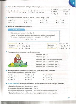 ....-4. Busca los dos números en la recta y escribe el mayor.
H
• +.1 Y +4
,. -"1 y-4
11
1 1 1 1 1 1 1 1 1
1;:..
• +.3 Y O • -3 yO,
-6 -5 -4 -3 -2 -1 O +1 +2 +3 +4 +5 +6
• +2 y-5 • -2 Y +5
5. Piensa dónde está cada número en la recta y escribe el signo > o <.
• +10-3
• O 0-4
e +40 O
e-50 +1
• +2 0+5
e -3 0-2
'6. Ordena los siguientes números enteros.
HAZLO Así
• Ordena de mayor a menor: -1, +2 y -3.
Imagina los números en la recta entera y escríbelos tal como están colocados
de derecha a izquierda: primero escribe +2, después ~1 y al final -3.
+2 > -1 > -3
e -2, +4, -1
• +3, O, -2, +1
• -5, -1, O,+2
De mayor
a menor
De menor
a mayor
• -2 0+2
e -10-6
e +3, -2, +2
e +1, -3, -4, O
• +2, O, -1, +3
7. Piensa y escribe en cada caso tres números enteros.
e Mayores que -2.
e Menores que -1.
e Mayores que -3, que no sean' negativos.
- Mayores que -5 y menores que O.
••
e Mayores que -4 y menores que +4.
e Menores que -1 y mayores que -6.
y8. Piensa y escribe el signo de cada número para que la desigualdad sea cierta.
Si hay varias posibilidades, escríbelas todas.
-01<01
e05<02
.03< O
-03>03
-01>04
-06>0
-02<04
e06>03
-01<05
"j9. RAZONAMIENTO. Piensa y completa cada oración con mayor o menor para que sea cierta.
- Cualquier número entero positivo es que O.
• Cualquier número entero negativo es que O.
• Cualquier número entero negativo es .,. que cualquier número entero positivo.
- Cualquier número entero positivo es ... que cualquier número entero negativo.
37
 