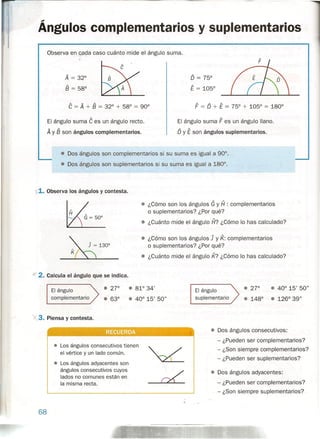 ,.
Angulos complementarios y suplementarios
Observa en cada caso cuánto mide el ángulo suma.
• Dos ángulos son complementarios si su suma es igual a 90° .
• Dos ángulos son suplementarios si su suma es igual a 180°.
e = A + B = 32° + 58° = 90°
El ángulo suma ees un ángulo recto.
A y B son ángulos complementarios.
;(1. Observa los ángulos y contesta.
El ángulo suma F es un ángulo llano.
O y E son ángulos suplementarios .
F = O + E = 75° + 105° = 180°
e ¿Cómo son los ángulos G y H : complementarios
o suplementarios? ¿Por qué?
• ¿Cuánto mide el ángulo H? ¿Cómo lo has calculado?
J = 130°
• ¿Cómo son los ángulos J y K: complementarios
o suplementarios? ¿Por qué?
• ¿Cuánto mide el ángulo K? ¿Cómo lo has calculado?
.J 2. Calcula el ángulo que se indica.
El ángulo
complementario
e2JD e 81°34'
e 63° e 40° 15' 50"
"1.3. Piensa y contesta.
El ángulo
suplementario
• 27° • 40°15' 50"
e 148° • 126°39"
RECUERDA
• Los ángulos consecutivos tienen
el vértice y un lado común.
• Los ángulos adyacentes son
ángulos consecutivos cuyos
lados no comunes están en
la misma recta.
68
e Dos ángulos consecutivos:
- ¿Pueden ser complementarios?
- ¿Son siempre complementarios?
- ¿Pueden ser suplementarios?
• Dos ángulos adyacentes:
- ¿Pueden ser complementarios?
- ¿Son siempre suplementarios?
 