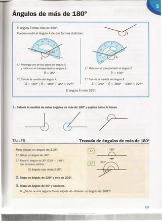 Ángulos de más de 1800
El ángulo A mide más de 180°.
Puedes medir el ángulo A de dos formas distintas.
1.° Prolonga uno de los lados del ángulo A
y mide con el transportador el ángulo 8.
8 = 45°
2.° Calcula la medida del ángulo A.
A = 180° +8 = 180° + 45° = 225°
1.° Mide con el transportador el ángulo C.
e = 135°
2.° Calcula la medida del ángulo A.
A = 360° - e = 360° - 135° = 225°
El ángulo A mide 225°.
1. Calcula la medida de estos ángulos de más de 180° y explica cómo lo haces.

TALLER Trazado de ángulos de más de 1800
Para dibujar un ángulo de 210,°;
1.0 Dibuja un ángulo de 180°.
2.° Traza un ángulo de 30° (210° - 180°)
con el mismo vértice.
El ángulo rojo mide 210° .
.2. Traza un ángulo de 220° y otro de 235°.
0 180°
C
....•...
0
3. Traza un ángulo de 60° y contesta .
• ¿Se te ocurre alguna forma rápida de obtener un ángulo de 300°?
69
 