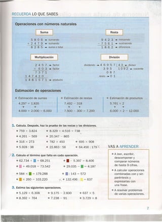 RECUERDA LO QUE SABES
Operaciones con números naturales
Suma
5 8 O 6 +- sumando
+ 2 4 7 9 +- sumando
8 2 8 5 +- sumao total
Multiplicación
Resta
9 4 2 3 +- minuendo
- 7 5 6 1 +- sustraendo
1 8 6 2 +- diferencia
División
2 4 57+- factor
X 6 O 3 +- factor
737 1
147420
1 4 8 1 5 7 1 +- producto
dividendo~ 4 6 9 5 7 I 4 3 +- divisor
3 9 5 1 O9 2 +- cociente
087
resto~ O 1
Estimación de operaciones
$ Estimación de sumas • Estimación de restas
4.297 + 1.835
••• •••
4.000 + 2.000 = 6.000
7.492 - 318
.•• 'f"
7.500 - 300 = 7.200
1. Calcula. Después, haz la prueba de las restas y las divisiones.
.759 + 3.824
.4.261 - 569
.316 X 273
.5.928: 38
• 8.329 + 4.516 + 738
• 20.347 - 865
• 782 X 450
• 22.863 : 56
• 695 X 908
• 64.456 : 179"X
)(2. Calcula el término que falta en cada operación.
• 62.734 + • = 68.251
• • + 49.018 = 73.542
.584 X • = 179.288
• X 260 = 103.220
•• - 5.397 = 8.406
• 29.035 - • = 4.187
•• : 143 = 572
y..... • 132.496 : = 637
3. Estima las siguientes operaciones.
• 5.129 + 6.308
.8.392 + 764
• 9.175 - 2.830
" 7.238 - 91
• 637 X 5
• 3.729 X 8
• Estimación de productos
5.761 x 2
'f" Y
6.000 X 2 = 12.000
VAS A APRENDER
• A leer, escribir,
descomponer y
comparar números
de hasta 9 cifras.
• A calcular operaciones
combinadas con y sin
paréntesis y
expresarlas con
una frase.
• A resolver problemas
de varias operaciones.
7
 