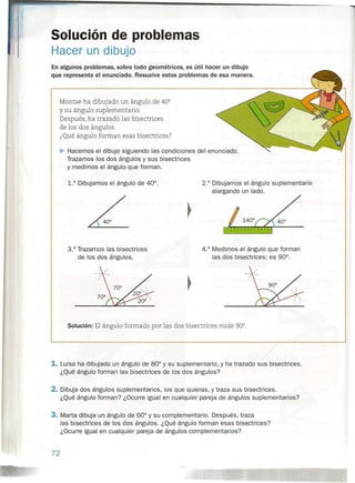 Solución de problemas
Hacer un dibujo
En algunos problemas, sobre todo geométricos, es útil hacer un dibujo
que represente el enunciado. Resuelve estos problemas de esa manera.

Montse ha dibujado un ángulo de 40°
y su ángulo suplementario.
Después, ha trazado las bisectrices
de los dos ángulos.
¿Qué ángulo forman esas bisectrices?
~ Hacemos el dibujo siguiendo las condiciones del enunciado.
Trazamos los dos ángulos y sus bisectrices
y medimos el ángulo que forman.
1.° Dibujamos el ángulo de 40°. 2.° Dibujamos el ángulo suplementario
alargando un lado.
3.° Trazamos las bisectrices
de los dos ángulos.
4.° Medimos el ángulo que forman
las dos bisectrices: es 90°.
Solución: El ángulo formado por las dos bisectrices mide 900.
/
1. Luisa ha dibujado un ángulo de 80° y su suplementario, y ha trazado sus bisectrices.
¿Qué ángulo forman las bisectrices de los dos ángulos?
2. Dibuja dos ángulos suplementarios, los que quieras, y traza sus bisectrices.
¿Qué ángulo forman? ¿Ocurre igual en cualquier pareja de ángulos suplementarios?
3. Marta dibuja un ángulo de 60° y su complementario. Después, traza
las bisectrices de los dos ángulos. ¿Qué ángulo forman esas bisectrices?
¿Ocurre igual en cualquier pareja de ángulos complementarios?
72
 