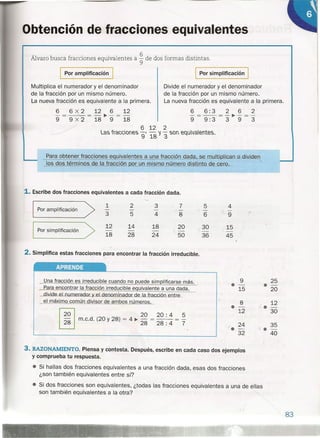 Obtención de fracciones equivalentes
Álvaro busca fracciones equivalentes a : de dos formas distintas.
I Por amplificación I
Multiplica el numerador y el denominador
de la fracción por un mismo número.
La nueva fracción es equivalente El la primera.
6 6 x 2 12 6 12
9 9 X"2 = 18 ~ 9 = 18
I Por simplificación
Divide el numerador y el denominador
de la fracción por un mismo número.
La nueva fracción es equivalente a la primera.
6 6:3 2 6 2
-=--=-~-=-
9 9 :'3 3 9 3
6 12 2
las tmcciones 9' 18 '1 3 son eQuiJalentes.
Para obtener fracciones eguivalentes a una fr§cción dada, se multiplican o dividen
los dos términos de la fracción or un mismo número distinto de cero.
1. Escribe dos fracciones equivalentes a cada fracción dada.
1 2 3 7 5 4
Por amplificación - - - - - -
3 5 4 8 6 9
r-
12 14 18 20 ,30 15
Por simplificación - - - - - -
18 28 24 50 36 45
2. Simplifica estas fracciones para encontrar la fracción irreducible.
APRENDE
9 25
·- .-15 20
8 12
·-
.-
12 30
24 35
·- • -
32 40
_Una fracción es irreducible cuando no puede siml2lificarse más.
Para encontrar la fracción irreducible e uivalente a una dada,
_diYlde...eLnumemd.oLy_eI deoQr:nlo.adoLde-La...1Lac..c.Ló~e.ot(EL
el máximo común divisor de ambos números.
000 20 20: 4 5
28 m.c.d. (20 y 28) = 4 ~ 28 = 28 : 4 = '7
-, • <
3. RAZONAMIENTO. Piensa y contesta. Después, escribe en cada caso dos ejemplos
y comprueba tu respuesta.
• Si hallas dos fracciones equivalentes a una fracción dada, esas dos fracciones
¿son también equivalentes entre sí?
• Si dos fracciones son equivalentes, ¿todas las fracciones equivalentes a una de ellas
son también equivalentes a la otra?
83
 