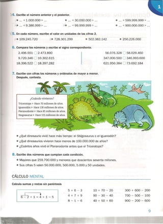 4. Escribe el número anterior y el posterior.
;.,•....• 1.000.000 ••...
 •....• 9.386.999 ••...
• ... .••30.000.000 ••...
¡(e ....• 99.999.999 ••...
• ....• 599.999.999 ••....
• ....• 900.000.000" ...
5. En cada número, escribe el valor en unidades de las cifras 2.
• 109.245.720 • 728.301.299
-
• 502.382.142 • 250.226.000
6. Compara los números y escribe el signo correspondiente.
2.496.551 02.473.890
9.720.346 010.302.615
18.396.522 018.397.282
56.076.328 O 58.029.460
347.000.500 0346.993.600
621.950.384 073.692.184
7. Escribe con cifras los números y ordénalos de mayor a menor.
Después, contesta.
¿Cuándo vivieron?
Triceratops •• Hace 70 millones de años.
Iguanodón ••.Hace 130 millones de años.
Pteranodonte ••.Hace 85 millones de años.
Stegosaurus •• Hace 155 millones de años.
• ¿Qué dinosaurio vivió hace más tiempo: el Stegosaurus o el Iguanodón?
• ¿Qué dinosaurios vivieron hace menos de 100.000.000 de años?
• ¿Cuántos años vivió el Pteranodonte antes que el Triceratops?
8. Escribe dos números que cumplan cada condición.
• Mayores que 259.700.000 y menores que doscientos sesenta millones.
• Sus cifras 5 valen 50.000.000, 500.000, 5.000 Y50 unidades.
CÁLCULO MENTAL
Calcula sumas y restas sin paréntesis
---.-L •
6-2+1=4+1=5
5+6-3
4+7+9
8-1-6
10 + 70 - 20
90 - 30 - 40
40 + 50 + 60
300 + 600 - 200
700 - 500 - 100
900 - 200 - 600
9
 