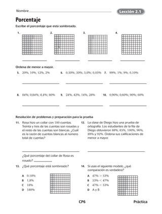CP6	Práctica
Nombre
Porcentaje
Escribe el porcentaje que está sombreado.
	 1.	 	 2.	 	 3.	 	 4.	
Ordena de menor a mayor.
 5.	 20%, 10%, 12%, 2%  6.	 0,50%; 50%; 5,0%; 0,05%  7.	 99%; 1%; 9%; 0,10%
 8.	 84%; 0,84%; 8,4%; 80%  9.	 24%, 42%, 14%, 28% 10.	 0,90%; 0,60%; 90%; 60%
Resolución de problemas y preparación para la prueba
11.	 Rosa hizo un collar con 100 cuentas.
Treinta y tres de las cuentas son rosadas y
el resto de las cuentas son blancas. ¿Cuál
es la razón de cuentas blancas al número
total de cuentas?
		¿Qué porcentaje del collar de Rosa es
rosado?
12.	 La clase de Diego hizo una prueba de
ortografía. Los estudiantes de la fila de
Diego obtuvieron 88%, 85%, 100%, 96%,
89% y 92%. Ordena sus calificaciones de
menor a mayor.
13.	 ¿Qué porcentaje está sombreado?
A	 0.18%
B	 1,8%
C	 18%
D	 180%
14.	 Si usas el siguiente modelo, ¿qué
comparación es verdadera?
A	 47%  53%
B	 53%  47%
C	 47%  53%
D	 A y B
Lección 2.1
CUADERNO 6º.indd 6 24-01-13 15:34
 