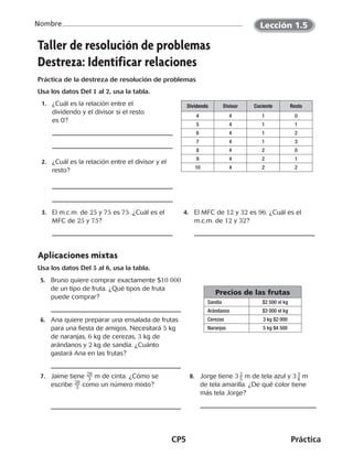 CP5	Práctica
Nombre
©Harcourt©Harcourt
Lección 1.5
Taller de resolución de problemas
Destreza: Identificar relaciones
Práctica de la destreza de resolución de problemas
Usa los datos Del 1 al 2, usa la tabla.
	1.	 ¿Cuál es la relación entre el
dividendo y el divisor si el resto
es 0?
	 2.	 ¿Cuál es la relación entre el divisor y el
resto?
	 3.	 El m.c.m. de 25 y 75 es 75. ¿Cuál es el
MFC de 25 y 75?
	 4.	 El MFC de 12 y 32 es 96. ¿Cuál es el
m.c.m. de 12 y 32?
Aplicaciones mixtas
Usa los datos Del 5 al 6, usa la tabla.
	 5.	 Bruno quiere comprar exactamente $10 000
de un tipo de fruta. ¿Qué tipos de fruta
puede comprar?
	 6.	 Ana quiere preparar una ensalada de frutas
para una fiesta de amigos. Necesitará 5 kg
de naranjas, 6 kg de cerezas, 3 kg de
arándanos y 2 kg de sandía. ¿Cuánto
gastará Ana en las frutas?
	 7.	 Jaime tiene ​ 28
 
__ 3 ​m de cinta. ¿Cómo se
escribe ​ 28
 
__ 3 ​como un número mixto?
	 8.	 Jorge tiene 3 ​ 2 _ 5 ​m de tela azul y 3 ​ 3
 _ 8
 ​ m
de tela amarilla. ¿De qué color tiene
más tela Jorge?
Precios de las frutas
Sandía $2 500 el kg
Arándanos $3 000 el kg
Cerezas 3 kg $2 000
Naranjas 5 kg $4 500
Dividendo Divisor Cociente Resto
4 4 1 0
5 4 1 1
6 4 1 2
7 4 1 3
8 4 2 0
9 4 2 1
10 4 2 2
CUADERNO 6º.indd 5 24-01-13 15:34
 