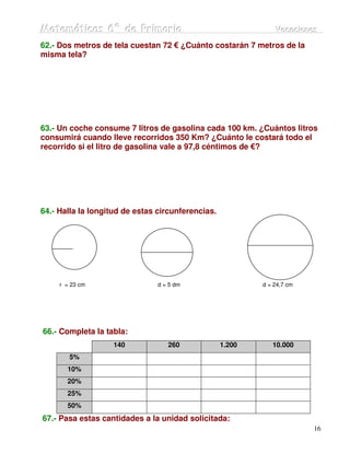 Matemátiicas 6º de Priimariia
Matemát cas 6º de Pr mar a                                     Vacaciiones
                                                               Vacac ones
62.- Dos metros de tela cuestan 72 € ¿Cuánto costarán 7 metros de la
misma tela?




63.- Un coche consume 7 litros de gasolina cada 100 km. ¿Cuántos litros
consumirá cuando lleve recorridos 350 Km? ¿Cuánto le costará todo el
recorrido si el litro de gasolina vale a 97,8 céntimos de €?




64.- Halla la longitud de estas circunferencias.




     r = 23 cm                  d = 5 dm                   d = 24,7 cm




66.- Completa la tabla:
                   140             260             1.200      10.000
        5%
       10%
       20%
       25%
       50%
67.- Pasa estas cantidades a la unidad solicitada:
                                                                         16
 