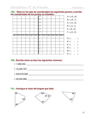 Matemátiicas 6º de Priimariia
Matemát cas 6º de Pr mar a                                                                  Vacaciiones
                                                                                            Vacac ones
129.- Sitúa en los ejes de coordenadas los siguientes puntos y escribe
las coordenadas de los puntos ya situados:
                                              +6
                                                                                  A = (+3, +2)
                                              +5
                                                                                  B = (+4, -1)
                                              +4                                  C = (-3, +3)
                                              +3                                  D = (-2, -1)
                                              +2                                  E = (0, +4)
                                              +1                                  F = (+2, -2)
   -6            -5   -4       -3   -2   -1   0      +1       +2   +3   +4   +5

                                              -1                                  G=(           ,   )
                                              -2                                  H=(           ,   )
                                              -3                                  K=(        ,      )
                                              -4                                  N=(           ;   )
                                              -5                                  M=(           ,   )
                                                                                  P=(        ,      )


130.- Escribe cómo se leen los siguientes números:
    ◊ 1.089.234 _________________________________________________

    ◊ 12.304.707 ________________________________________________

    ◊ 340.670.320 _______________________________________________

    ◊ 35.003.569 ________________________________________________



131.- Averigua el valor del ángulo que falta.
             0                                       0                                          0
        70                                         125                                     60
                                                          0
                                                         78 42’
                           0                                                            0
                      133                                                             64
                                                     0
                                                   85
             0
        65




                                                                                                        33
 